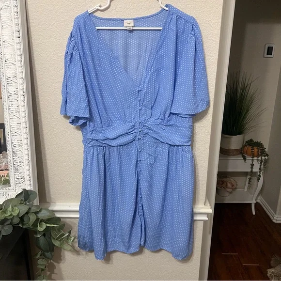 A New Day XXL Woman's Dress Front Button Short Sleeve V Neck Blue White dots - Picture 4 of 11